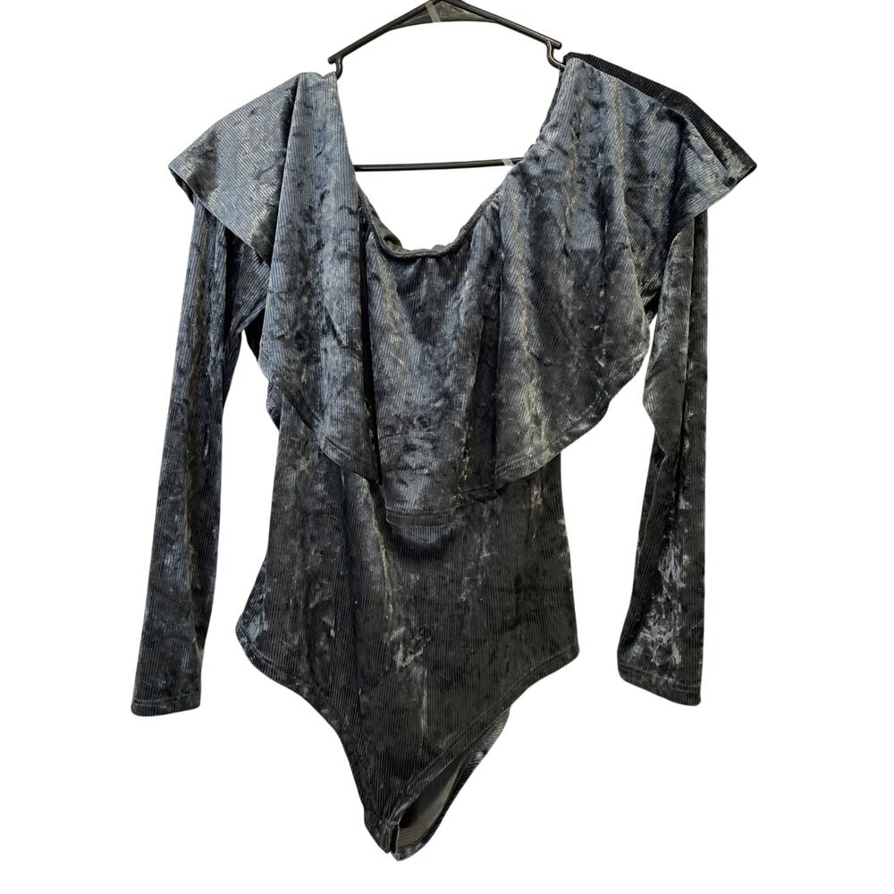 Wet Seal Steel Blue Velvet Textured Bodysuit -L Off The Shoulder Y2K/Whimsigoth